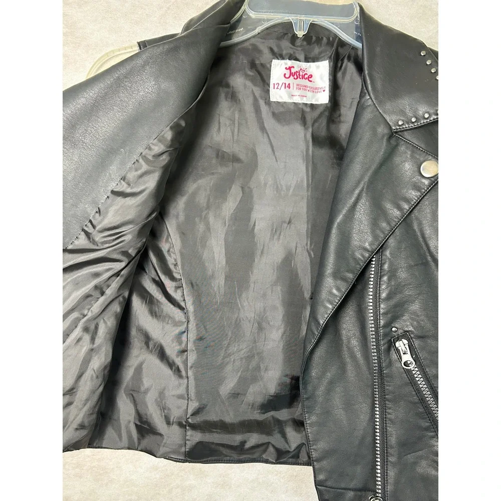 Justice Girls Black Faux Leather Moto Vest Studded Asymmetrical Zip Size 12/14